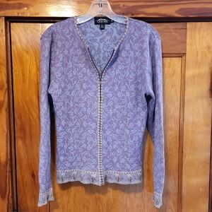 Vintage Icelandic Design Women's Purple Patterned Cardigan Sweater Medium